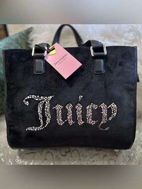 NWT Juicy Couture All that Glitters Velour Black Tote with Crystal Script
